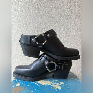 New Frye Black Leather Carson Harness Mules / Ankle Boots.  Comfy.